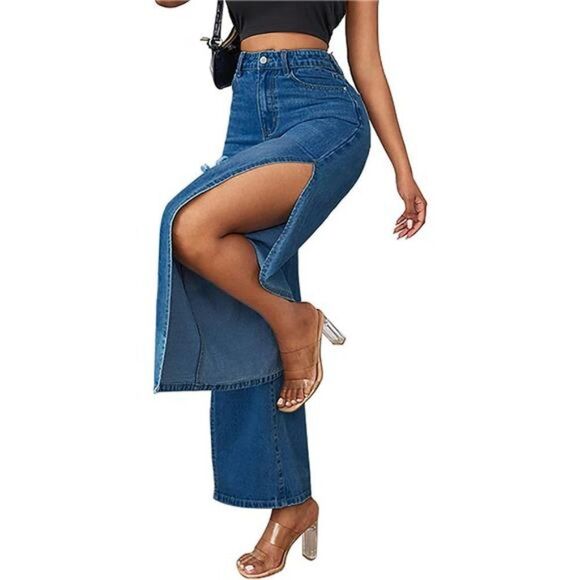 High Waisted Wide Leg Ripped Jeans with High Side Slit and Distressed Denim - Picture 1 of 5